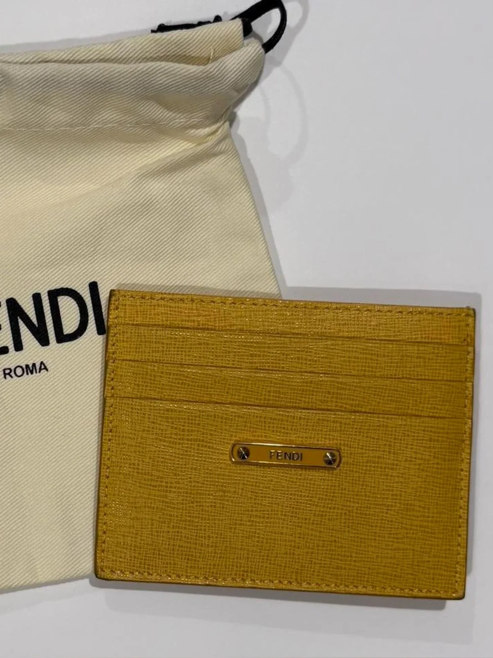 Fendi Mustard Yellow Leather Card Case with Metal Logo Plate